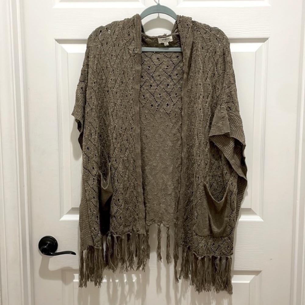 Umgee Brown Crochet Oversize Short Sleeve Hooded Open Front Cardigan